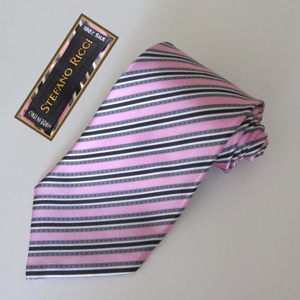 STEFANO RICCI pink/blk/white striped tie 100% silk